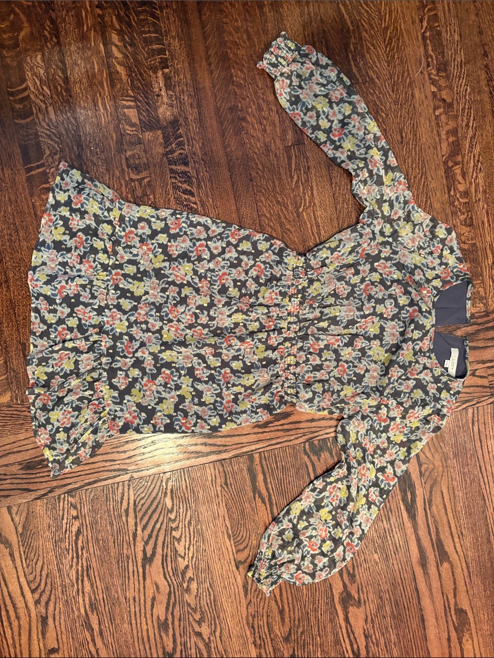 LOFT Navy Floral Puff-Sleeve Tunic Dress